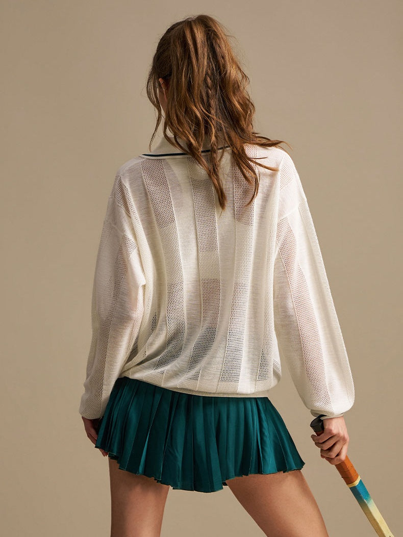 Embroidered Mesh Knit Polo Top - Ivory