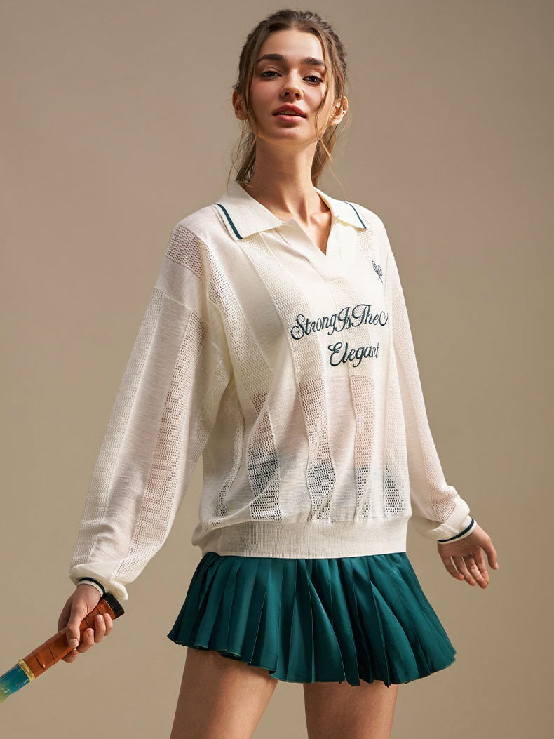 Embroidered Mesh Knit Polo Top - Ivory