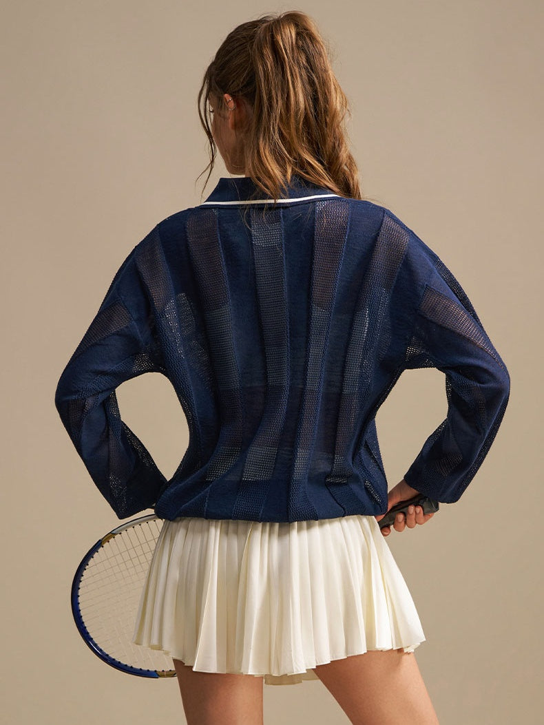 Embroidered Mesh Knit Polo Top - Navy Blue
