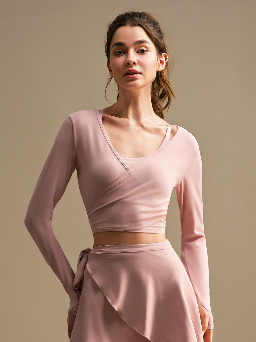 Pink Wrap Long Sleeve Yoga Cover-Up Top