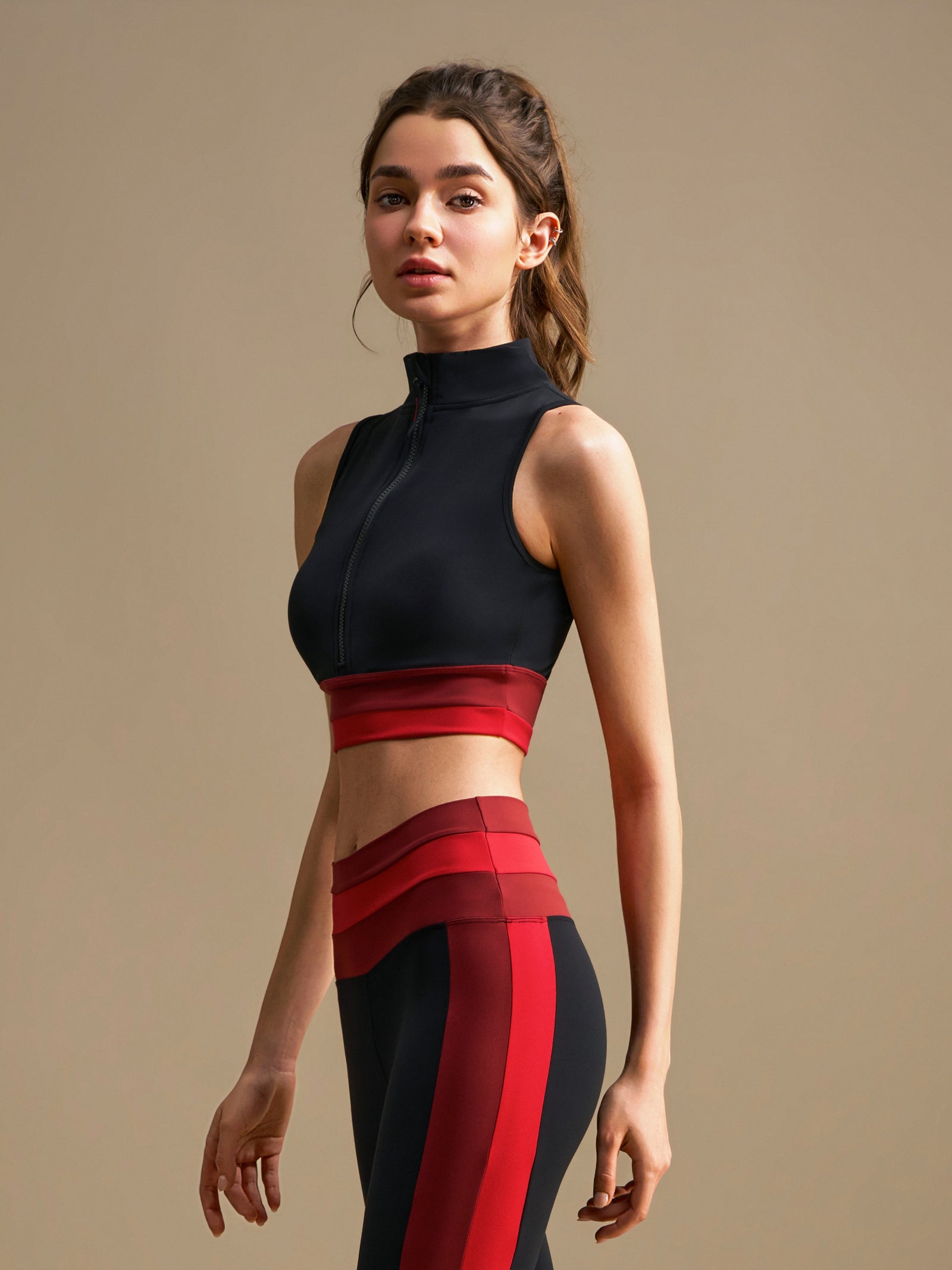 Zip Front Sports Bra - Black Red