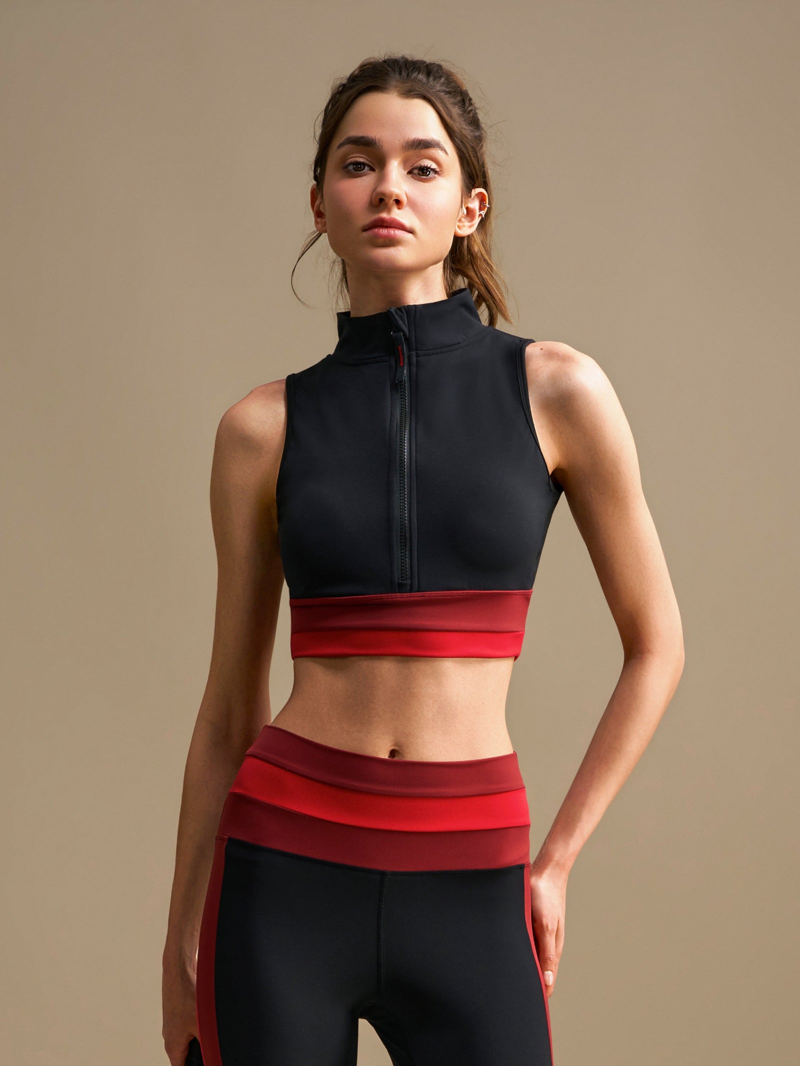 Zip Front Sports Bra - Black Red
