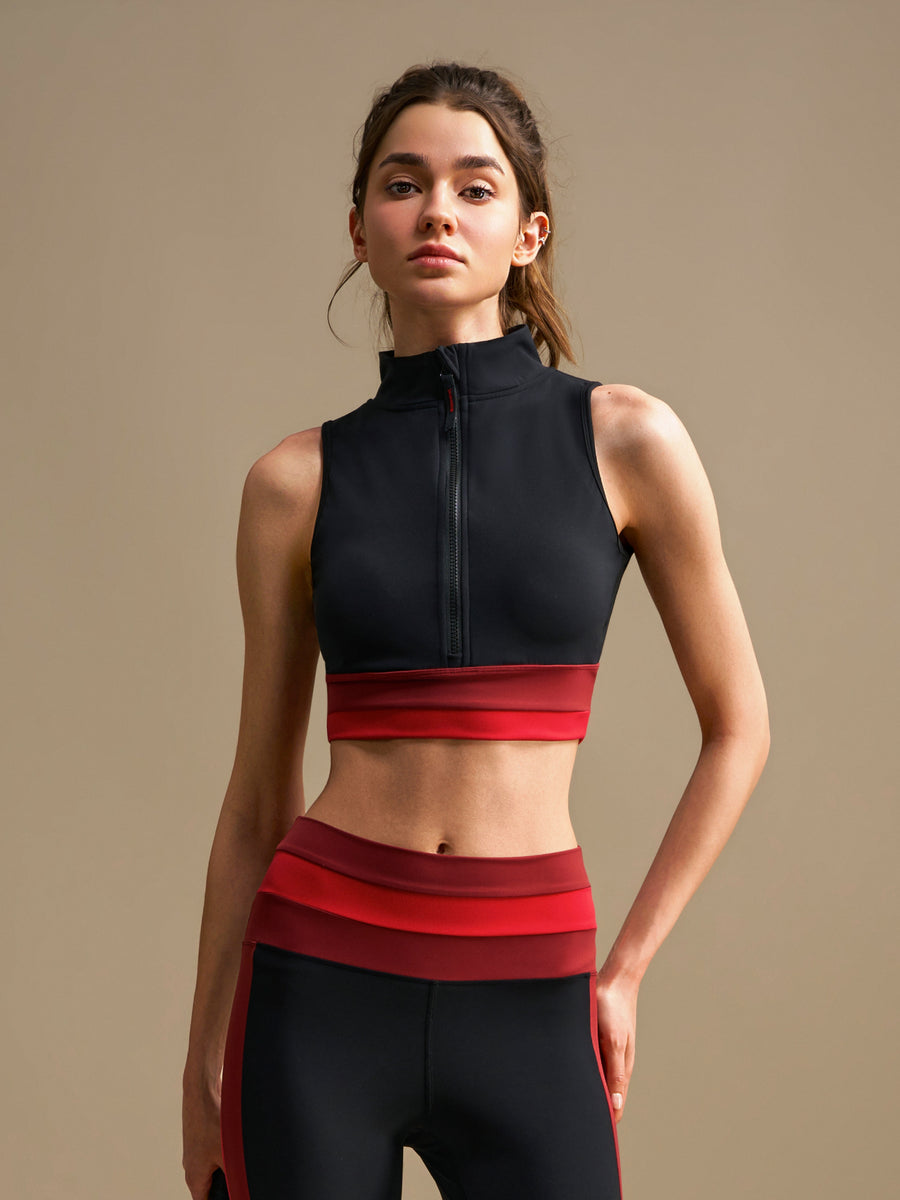Zip Front Sports Bra - Black Red