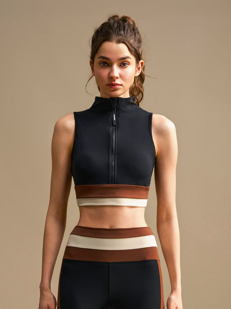 Zip Front Sports Bra - Black Brown
