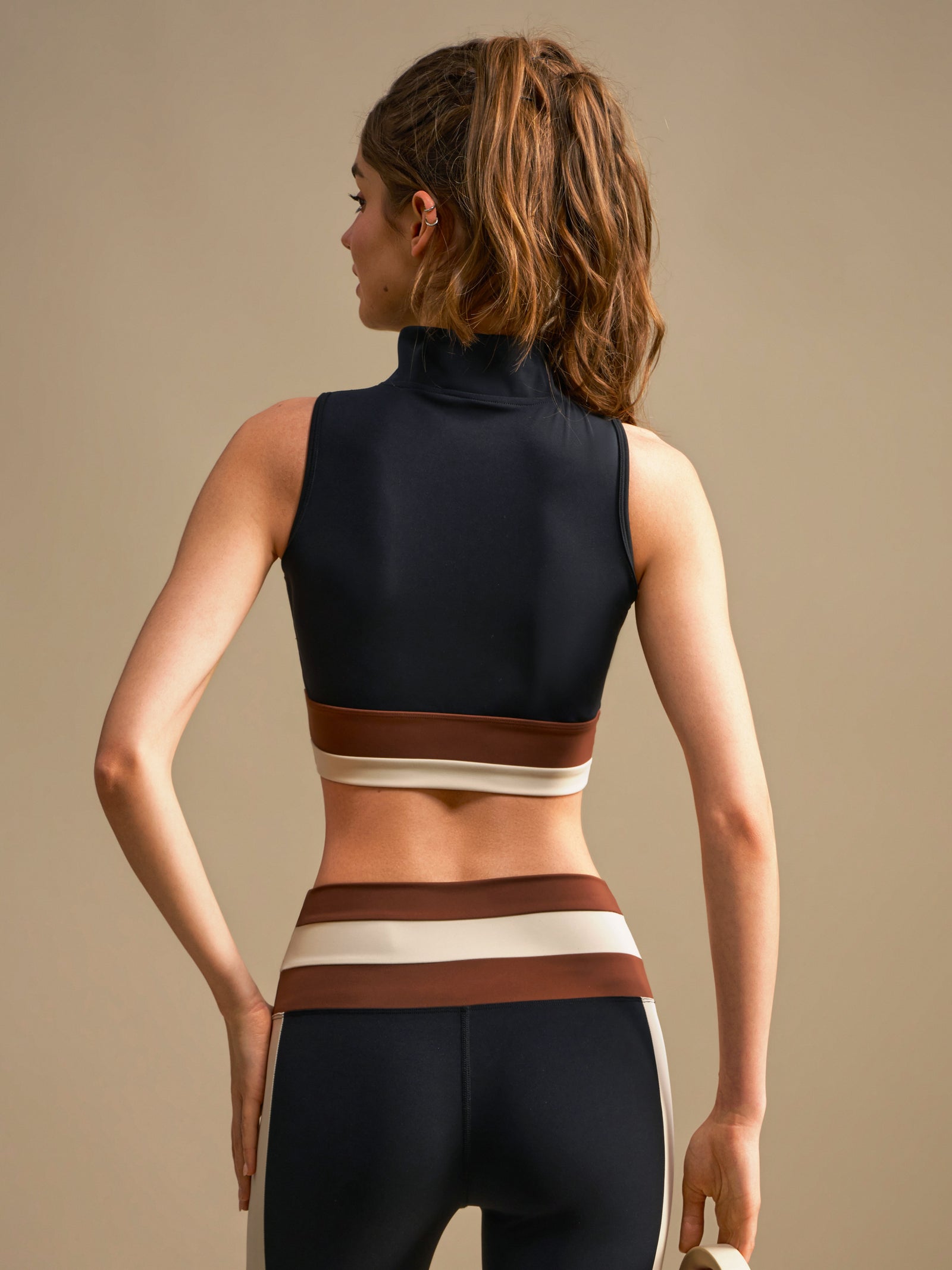 Zip Front Sports Bra - Black Brown