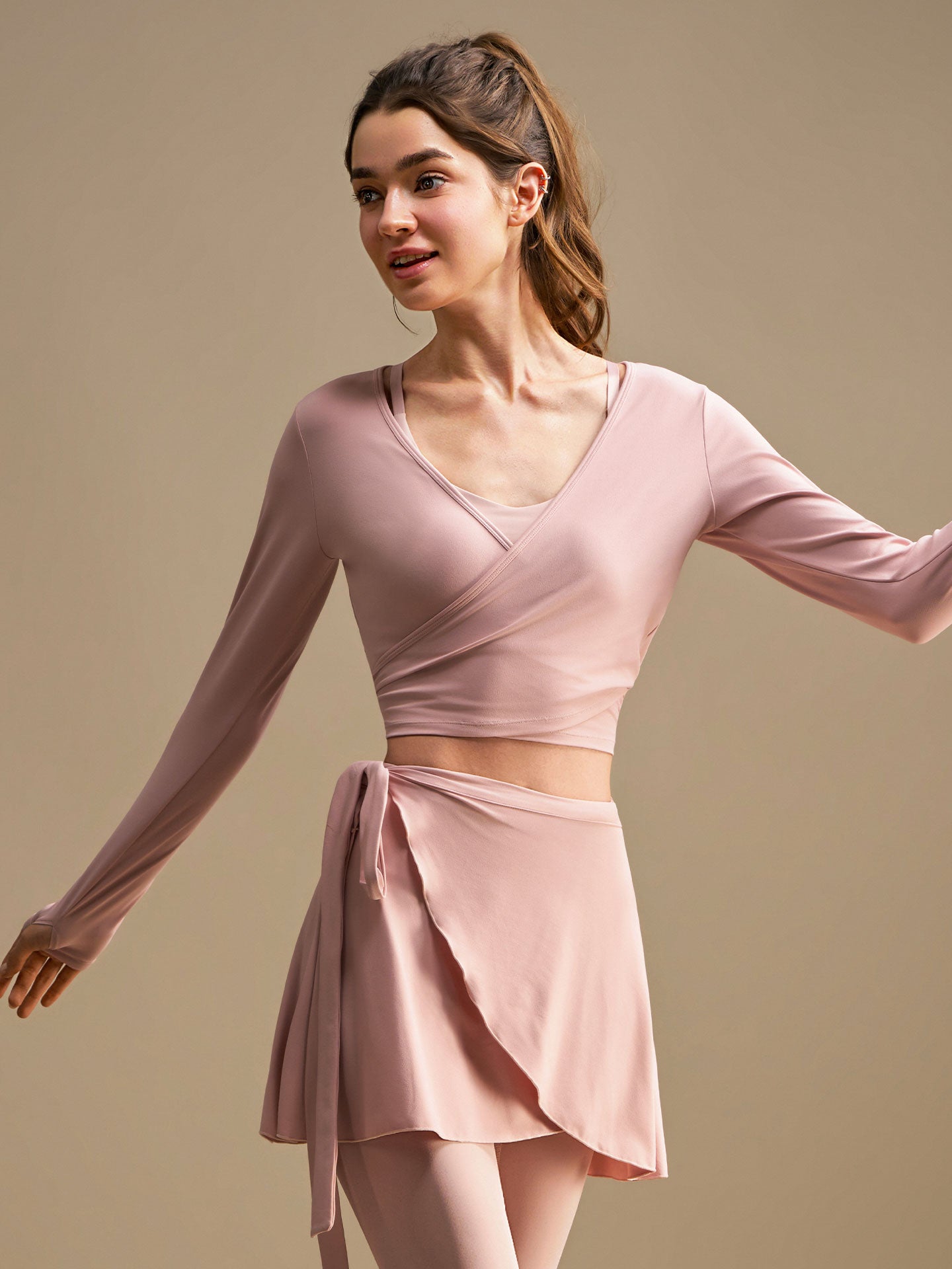 Pink Wrap Long Sleeve Yoga Cover-Up Top