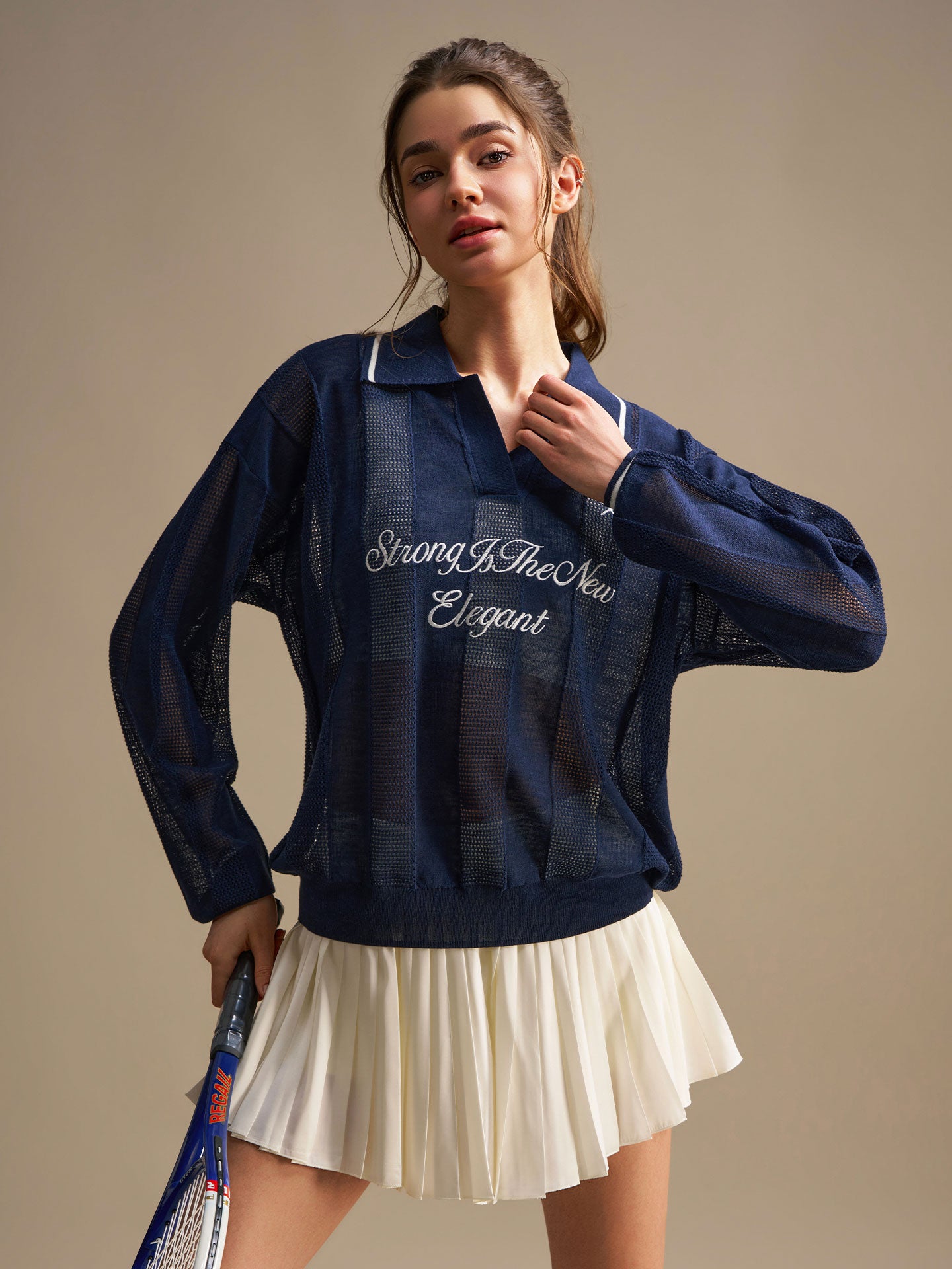 Embroidered Mesh Knit Polo Top - Navy Blue
