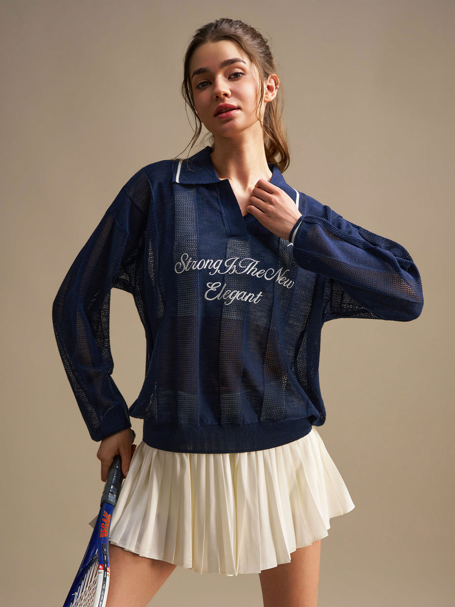 Embroidered Mesh Knit Polo Top - Navy Blue