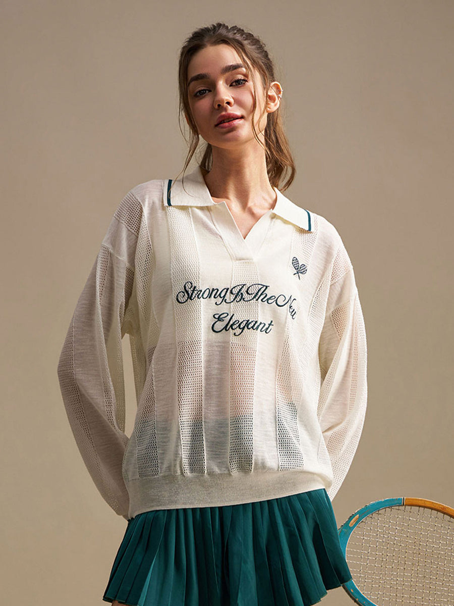 Embroidered Mesh Knit Polo Top - Ivory